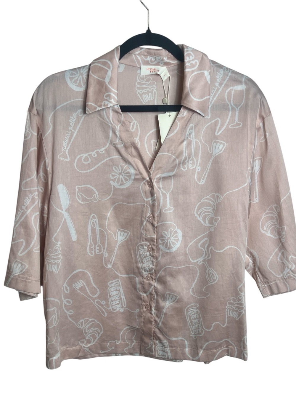 NWT NEIWAI Petite Pink Sketch Print Cotton Pajama Top Button Front Small